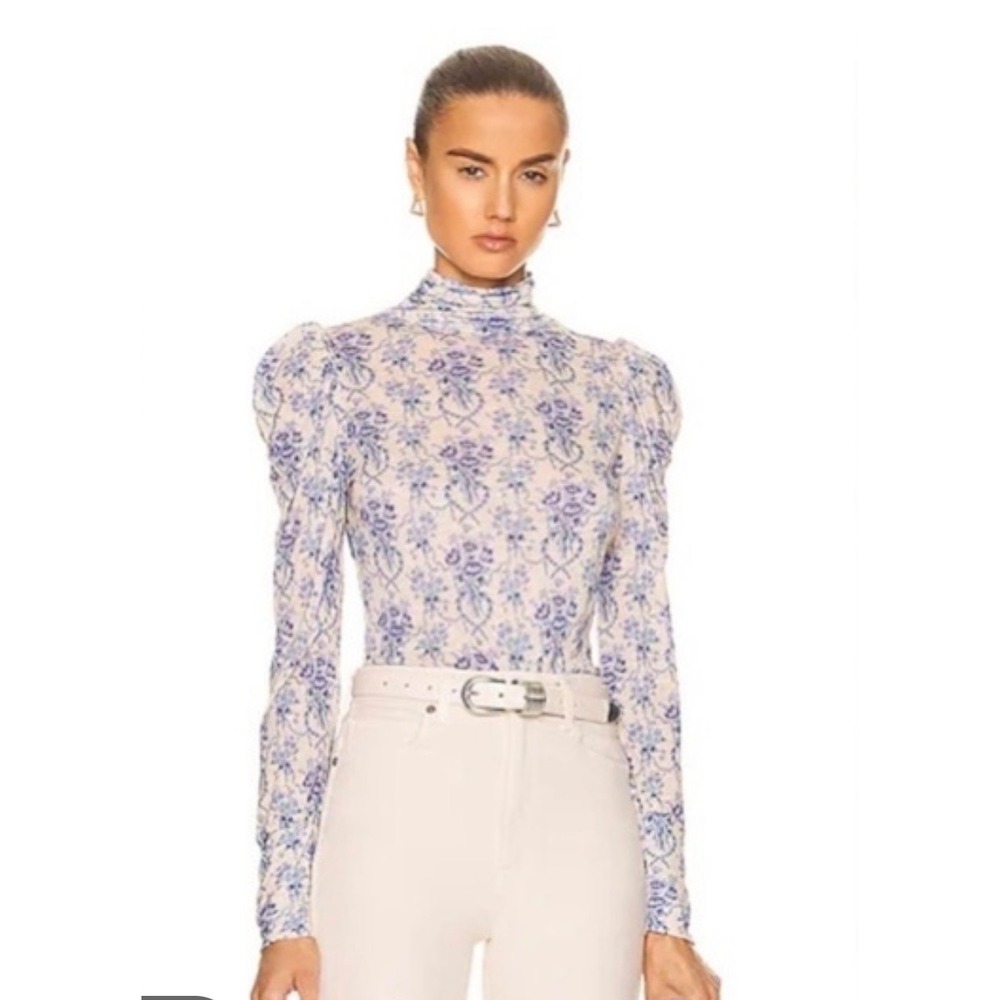 LoveShackFancy Womens Blue Floral Viscose Turtleneck Puff Sleeve Top Size M